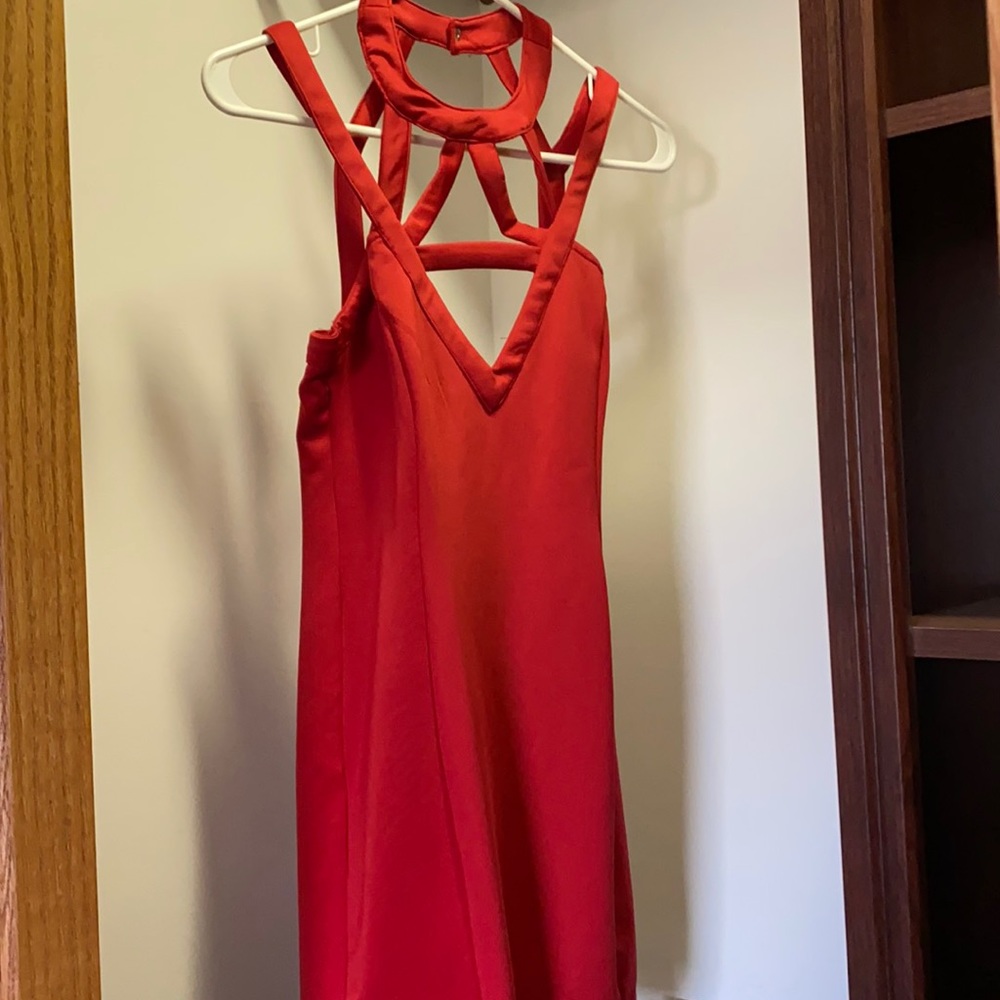 Red tobi mini dress with strap detail